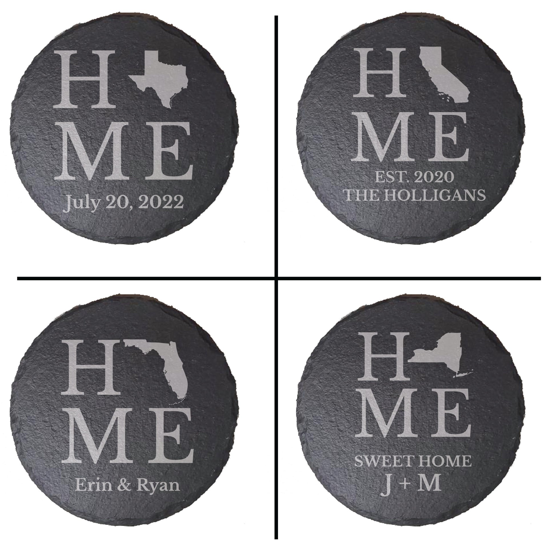 Custom Engraved HOME State Drink Coasters With Personalized Text, Slate Coaster, Great Housewarming Gift