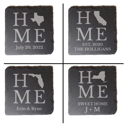 Custom Engraved HOME State Drink Coasters With Personalized Text, Great Couples Gift, Perfect Housewarming Gift, New Homeowner Present