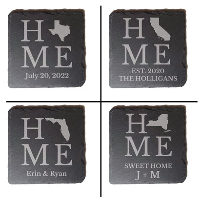 Custom Engraved HOME State Drink Coasters With Personalized Text, Slate Coaster, Great Housewarming Gift