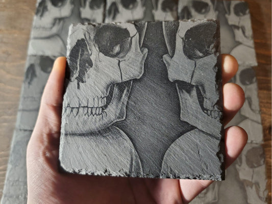 Engraved Skulls Slate Coasters, Repeating Design, Home Bar Coasters, Badass Gift, Gifts For Him, Smiling Skulls Stone Coasters