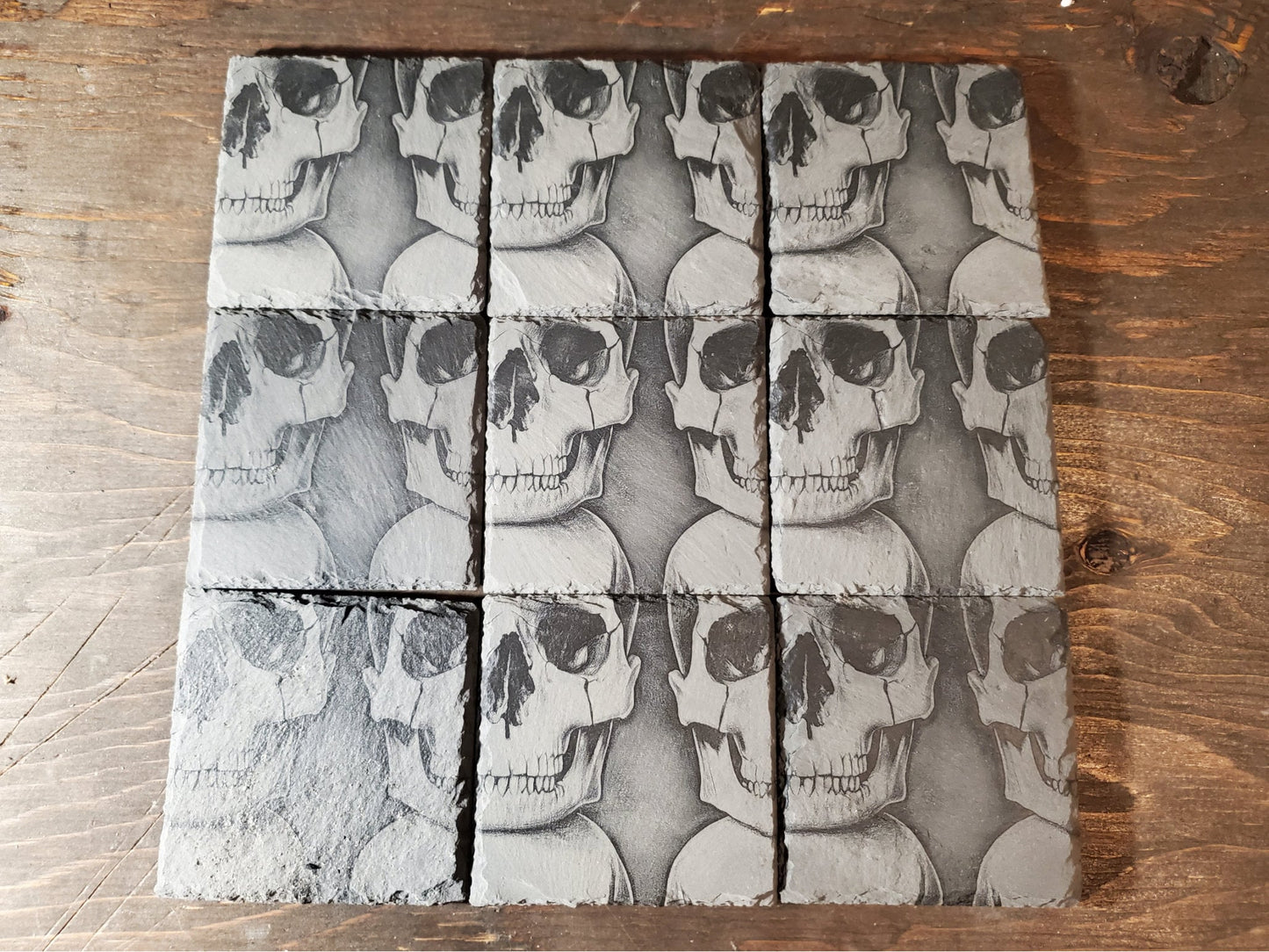 Engraved Skulls Slate Coasters, Repeating Design, Home Bar Coasters, Badass Gift, Gifts For Him, Smiling Skulls Stone Coasters