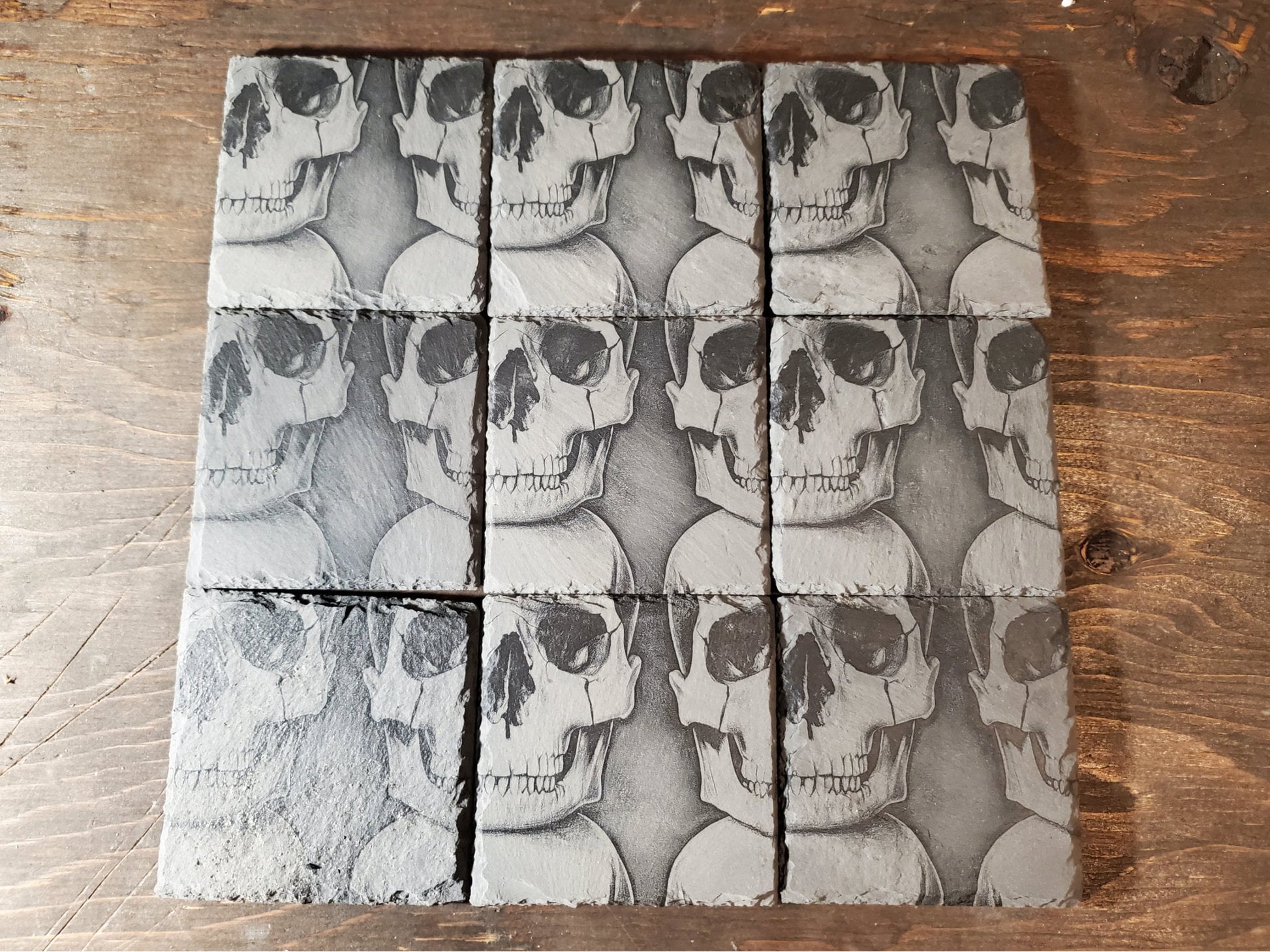 Engraved Skulls Slate Coasters, Repeating Design, Home Bar Coasters, Badass Gift, Gifts For Him, Smiling Skulls Stone Coasters