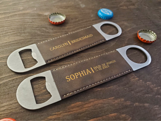 Bridesmaids Gift Bottle Opener, Laser Etched Rustic Brown & Gold Leatherette, Maid Of Honor, Wedding Party