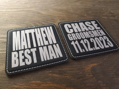 Groomsmen Gift Coasters, Laser Etched Black & Gold / Silver Leatherette, Best Man, Wedding Party