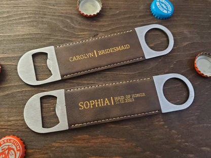 Bridesmaids Gift Bottle Opener, Laser Etched Rustic Brown & Gold Leatherette, Maid Of Honor, Wedding Party