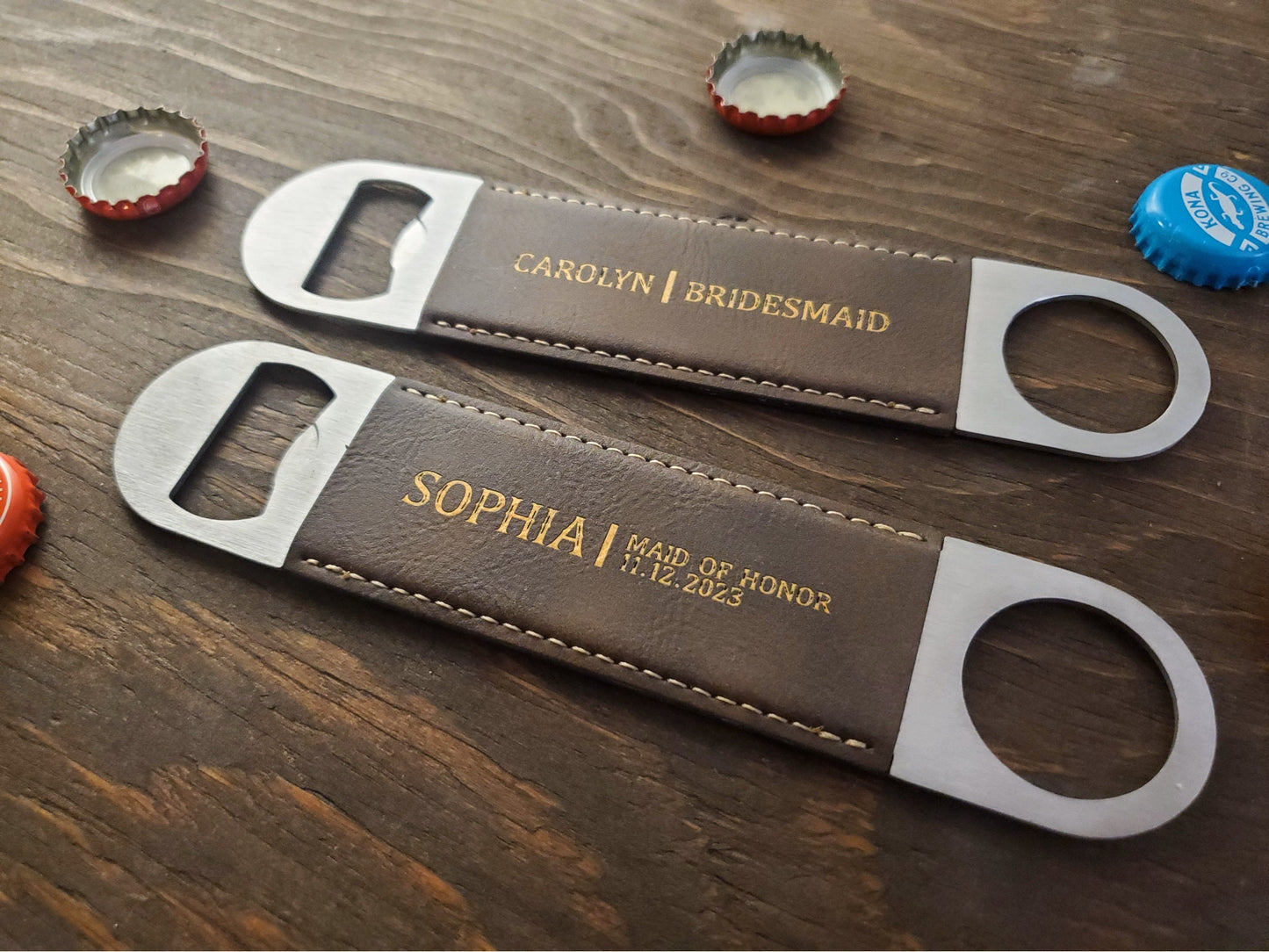 Bridesmaids Gift Bottle Opener, Laser Etched Rustic Brown & Gold Leatherette, Maid Of Honor, Wedding Party