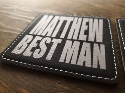 Groomsmen Gift Coasters, Laser Etched Black & Gold / Silver Leatherette, Best Man, Wedding Party