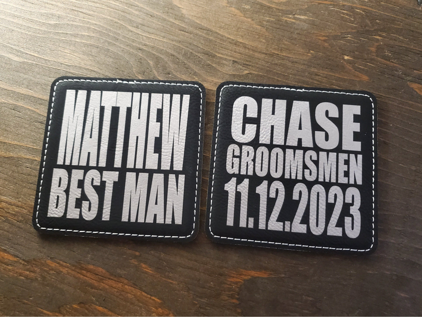 Groomsmen Gift Coasters, Laser Etched Black & Gold / Silver Leatherette, Best Man, Wedding Party