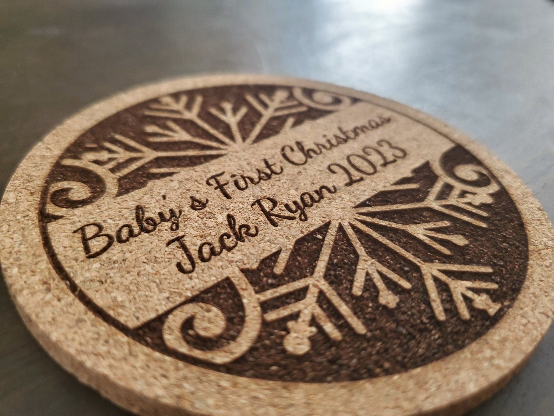 Personalized Christmas Coaster, Custom Engraved Cork Coaster, Baby's First Christmas, Your Text Here, Custom Text, 4 Inch Round Cork Coaster