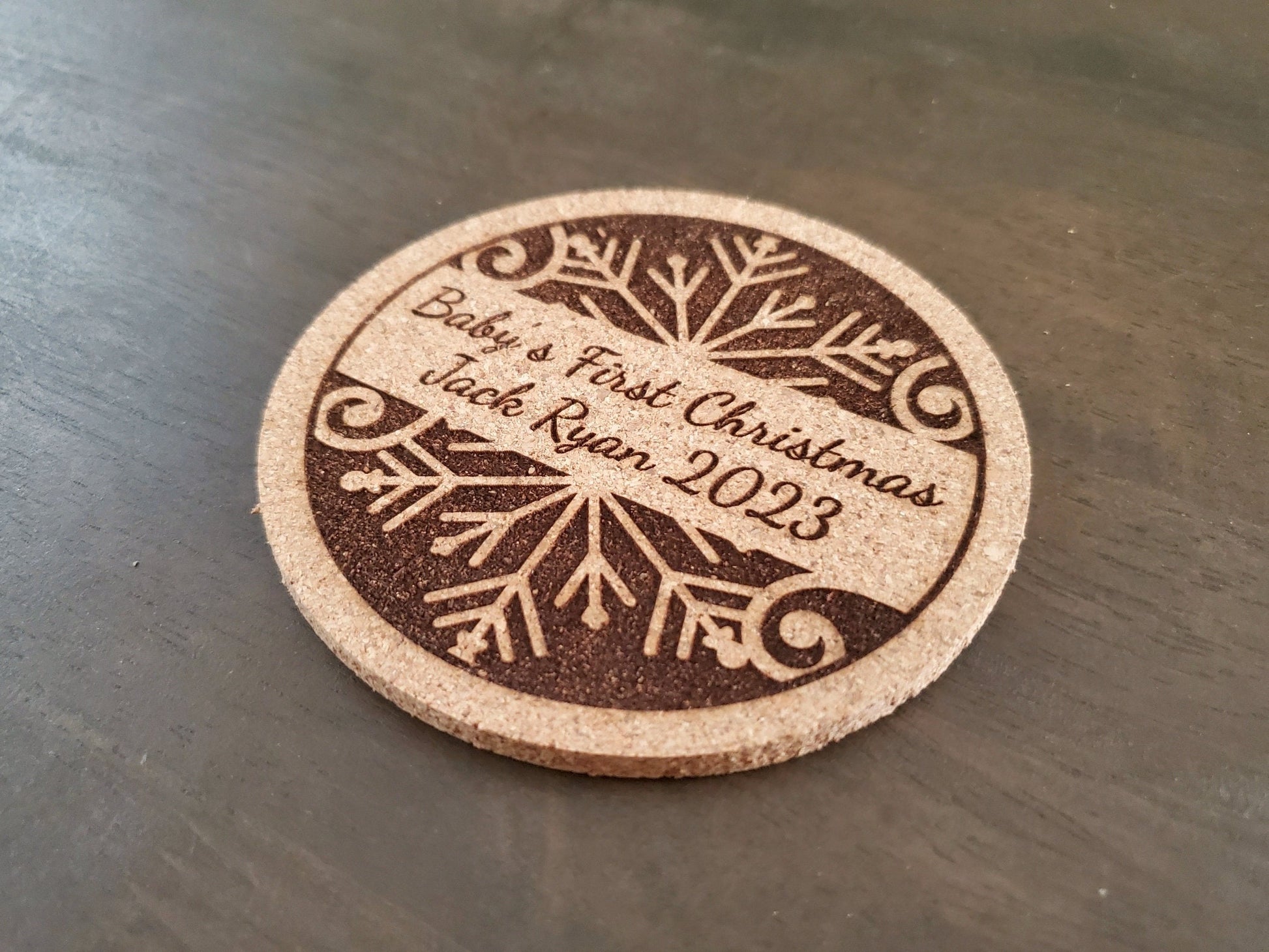 Personalized Christmas Coaster, Custom Engraved Cork Coaster, Baby's First Christmas, Your Text Here, Custom Text, 4 Inch Round Cork Coaster