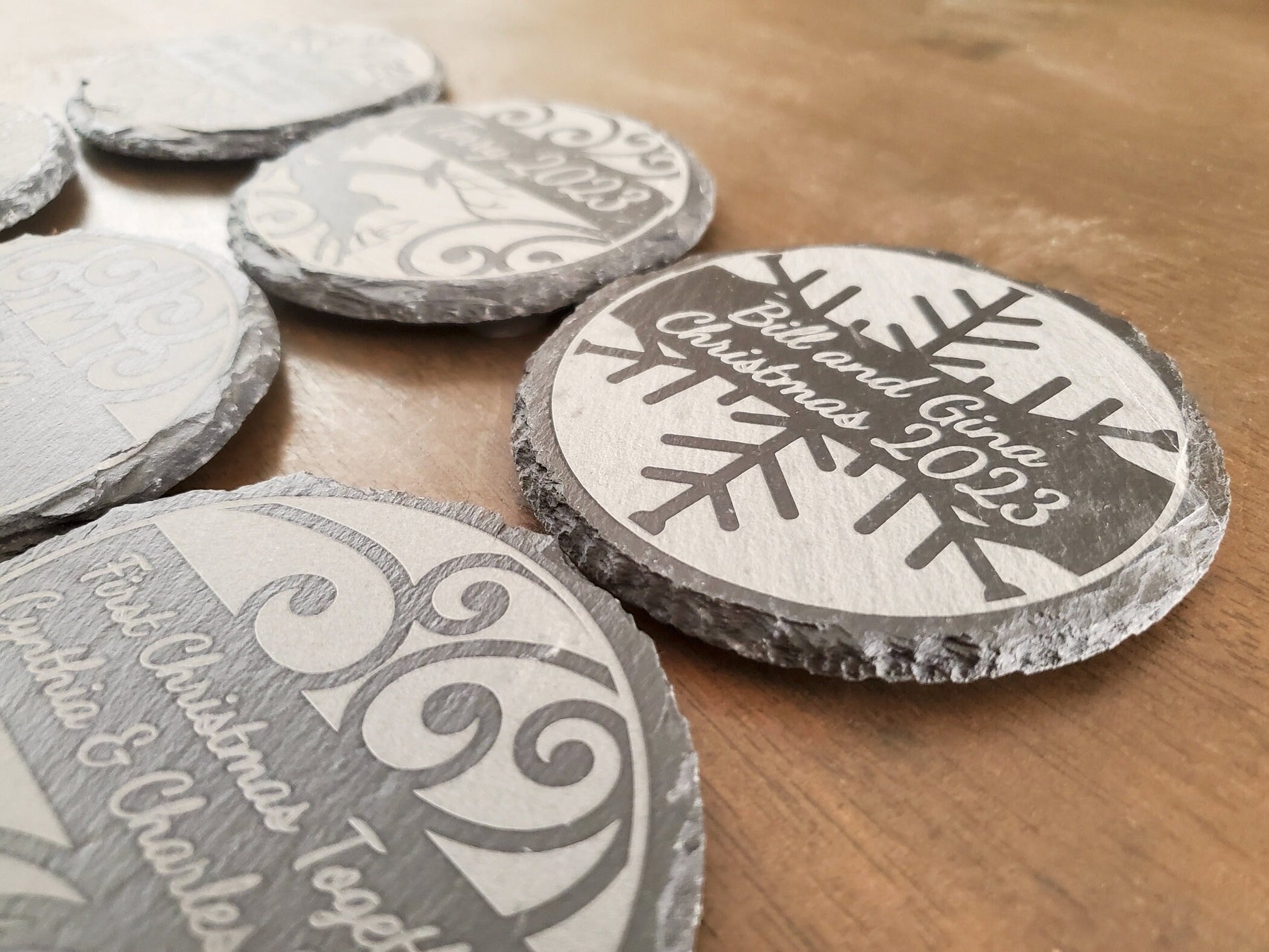 Personalized Christmas Coasters, Custom Engraved Slate Coasters, Your Choice Of 9 Designs, Your Custom Text Here, 4 Inch Round Slate Coaster