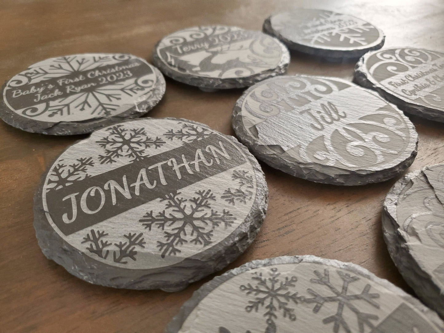 Personalized Christmas Coasters, Custom Engraved Slate Coasters, Your Choice Of 9 Designs, Your Custom Text Here, 4 Inch Round Slate Coaster