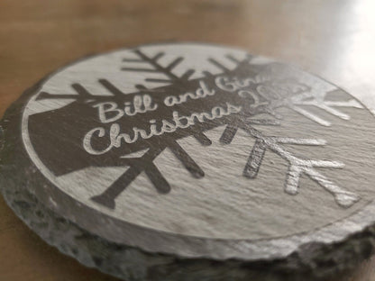 Personalized Christmas Coasters, Custom Engraved Slate Coasters, Your Choice Of 9 Designs, Your Custom Text Here, 4 Inch Round Slate Coaster