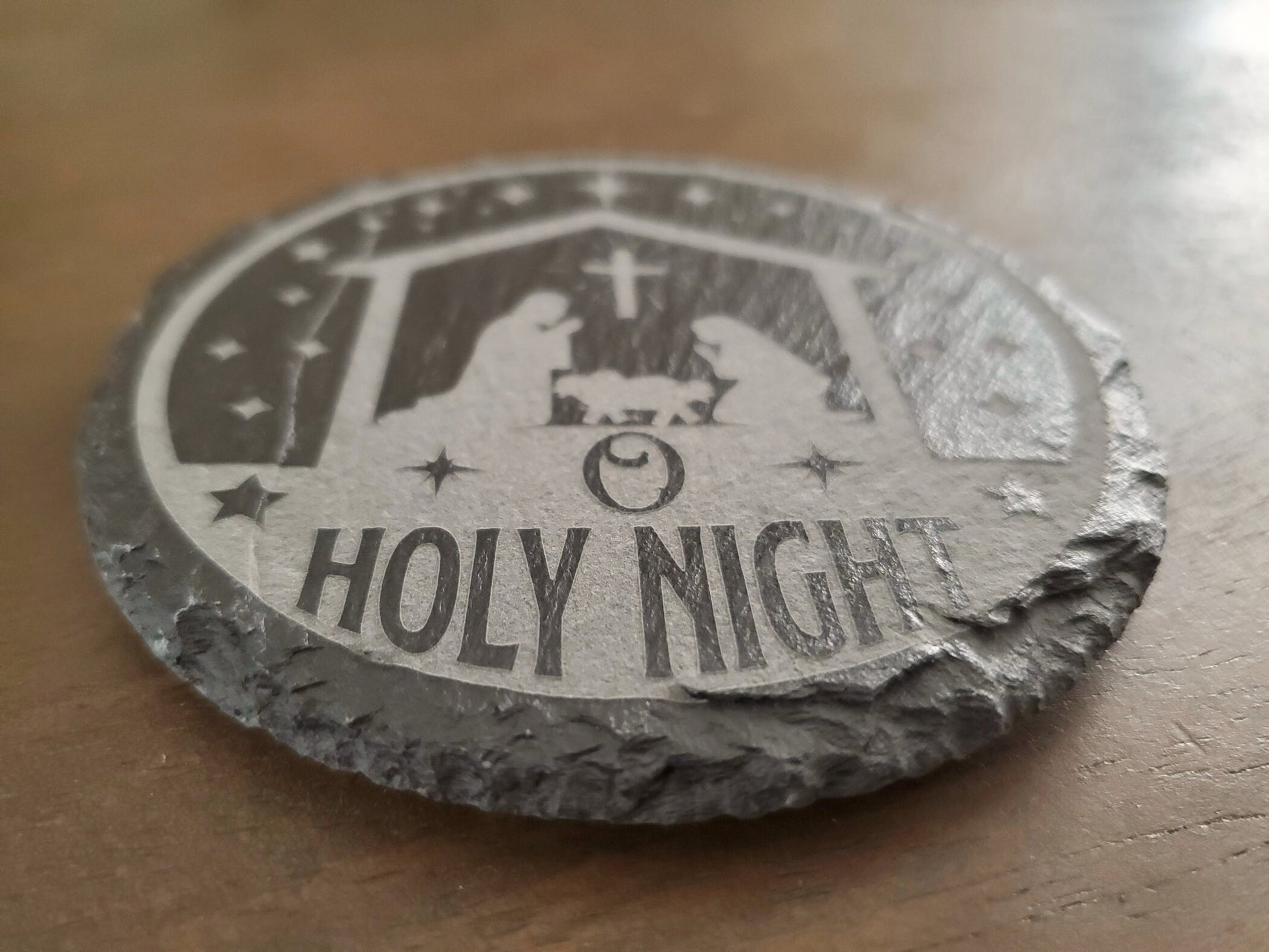 Christmas Coaster, O Holy Night, Christian Coasters, Laser Engraved Coaster, 4 Inch Round Slate Coaster