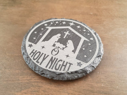 Christmas Coaster, O Holy Night, Christian Coasters, Laser Engraved Coaster, 4 Inch Round Slate Coaster