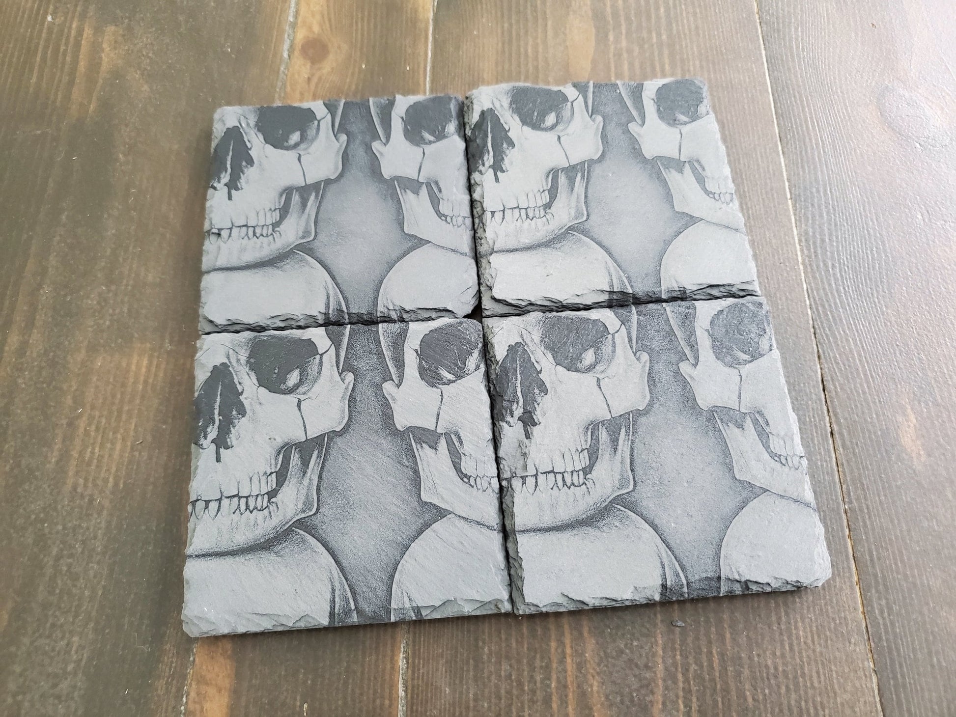 Engraved Skulls Slate Coasters, Repeating Design, Home Bar Coasters, Badass Gift, Gifts For Him, Smiling Skulls Stone Coasters