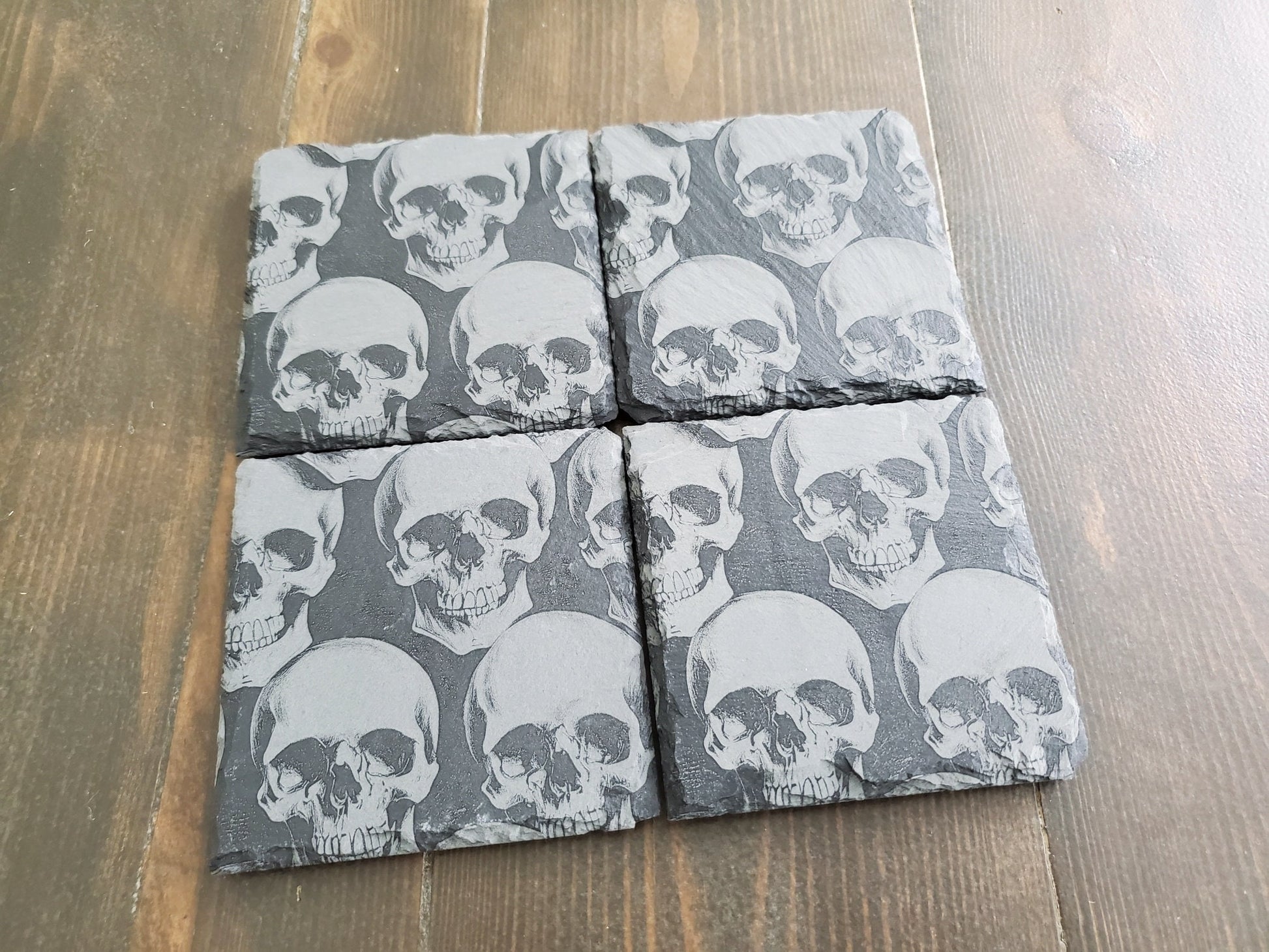 Engraved Skulls Slate Coasters, Repeating Design, Home Bar Coasters, Badass Gift, Gifts For Him, Smiling Skulls Stone Coasters