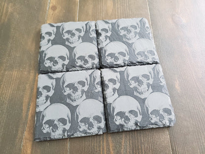 Engraved Skulls Slate Coasters, Repeating Design, Home Bar Coasters, Badass Gift, Gifts For Him, Smiling Skulls Stone Coasters