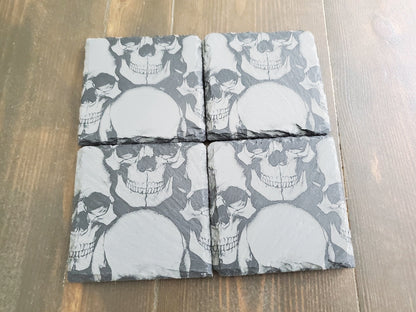 Engraved Skulls Slate Coasters, Repeating Design, Home Bar Coasters, Badass Gift, Gifts For Him, Smiling Skulls Stone Coasters