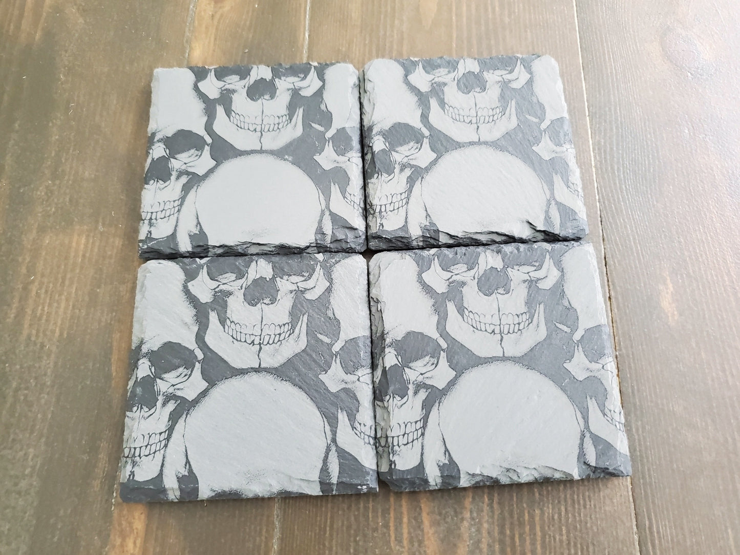 Engraved Smiling Skulls Slate Coasters, Repeating Design, Home Bar Coasters, Badass Gifts For Him Or For Her, BAMF Gifts, Skulls Coasters