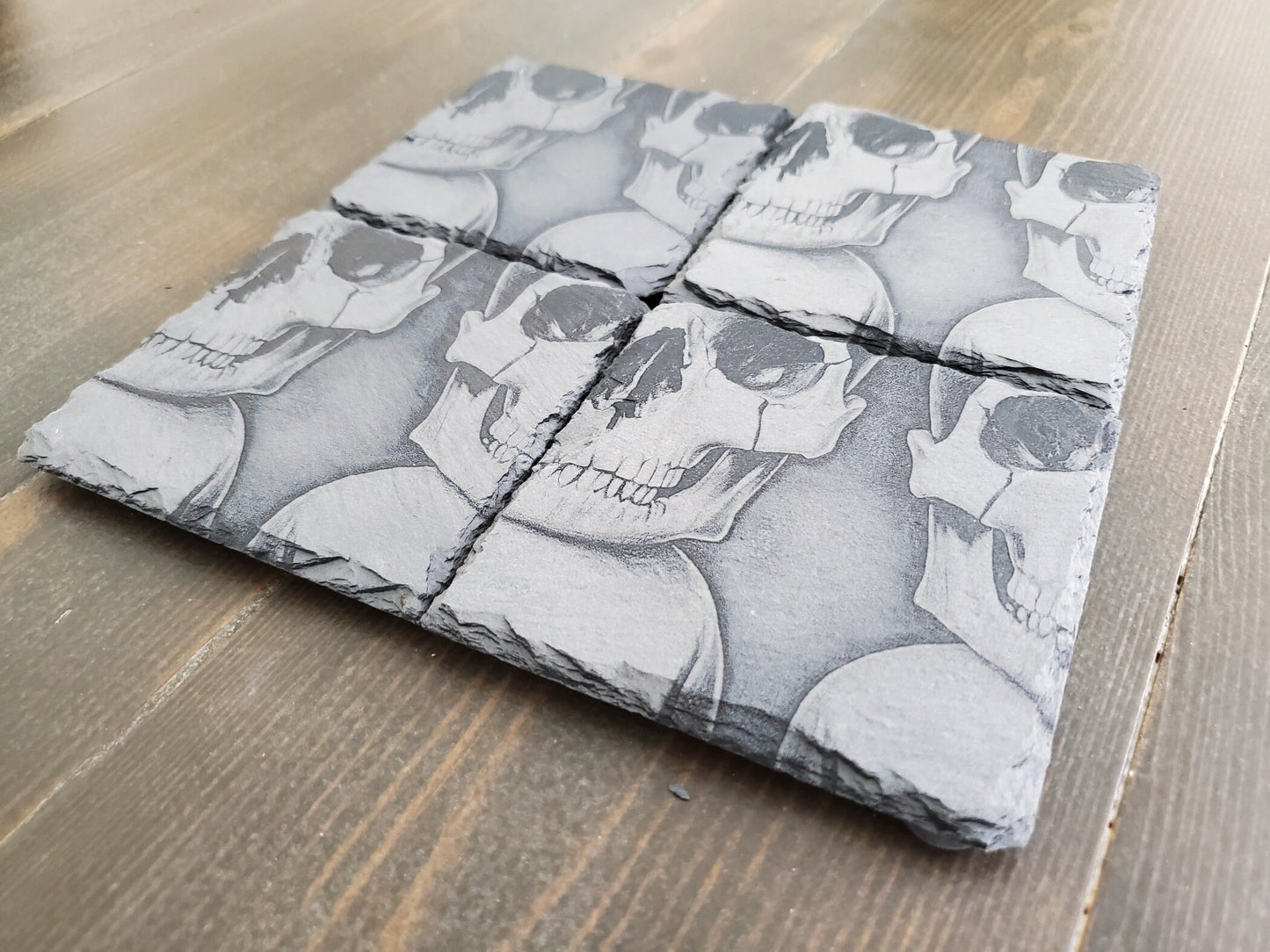 Engraved Smiling Skulls Slate Coasters, Repeating Design, Home Bar Coasters, Badass Gifts For Him Or For Her, BAMF Gifts, Skulls Coasters