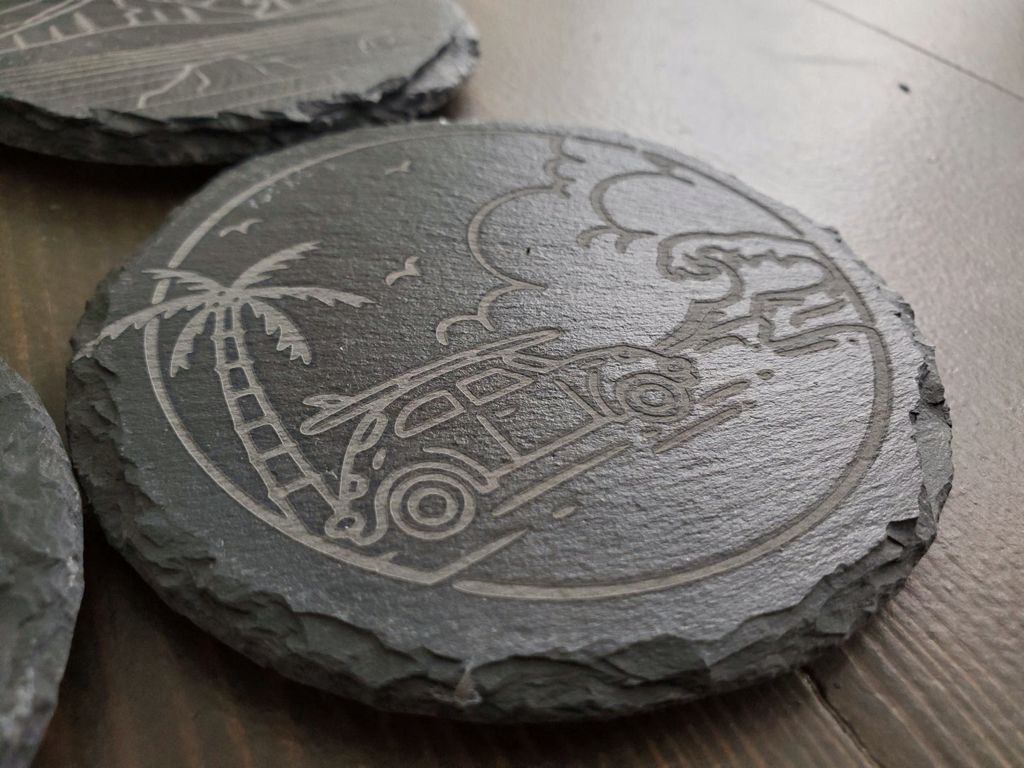 Beach Vibe Coasters, Monoline, Sunshine, Waves, Ocean, Palm Trees, Laser Engraved Round Slate Coasters, Set Of 4 With Bamboo Coaster Holder