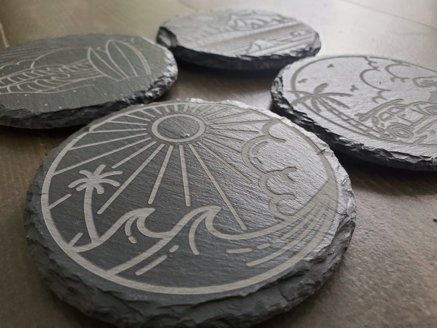 Beach Vibe Coasters, Monoline, Sunshine, Waves, Ocean, Palm Trees, Laser Engraved Round Slate Coasters, Set Of 4 With Bamboo Coaster Holder