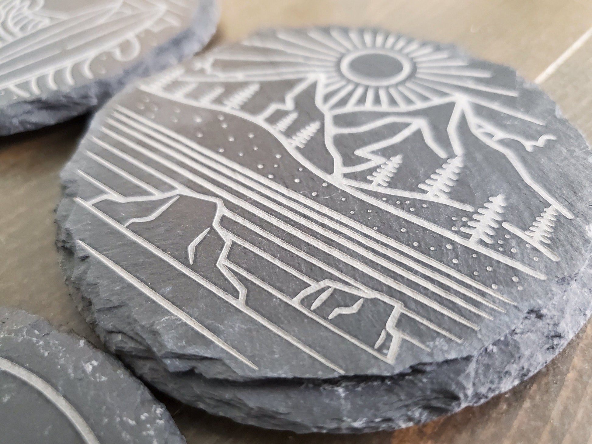 Beach Vibe Coasters, Monoline, Sunshine, Waves, Ocean, Palm Trees, Laser Engraved Round Slate Coasters, Set Of 4 With Bamboo Coaster Holder