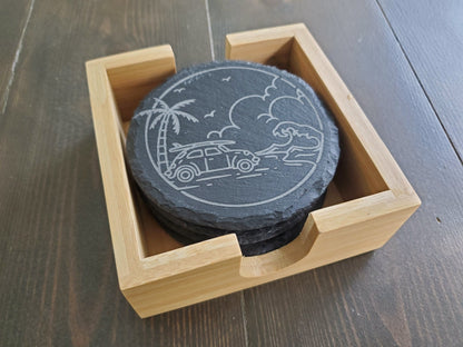 Beach Vibe Coasters, Monoline, Sunshine, Waves, Ocean, Palm Trees, Laser Engraved Round Slate Coasters, Set Of 4 With Bamboo Coaster Holder