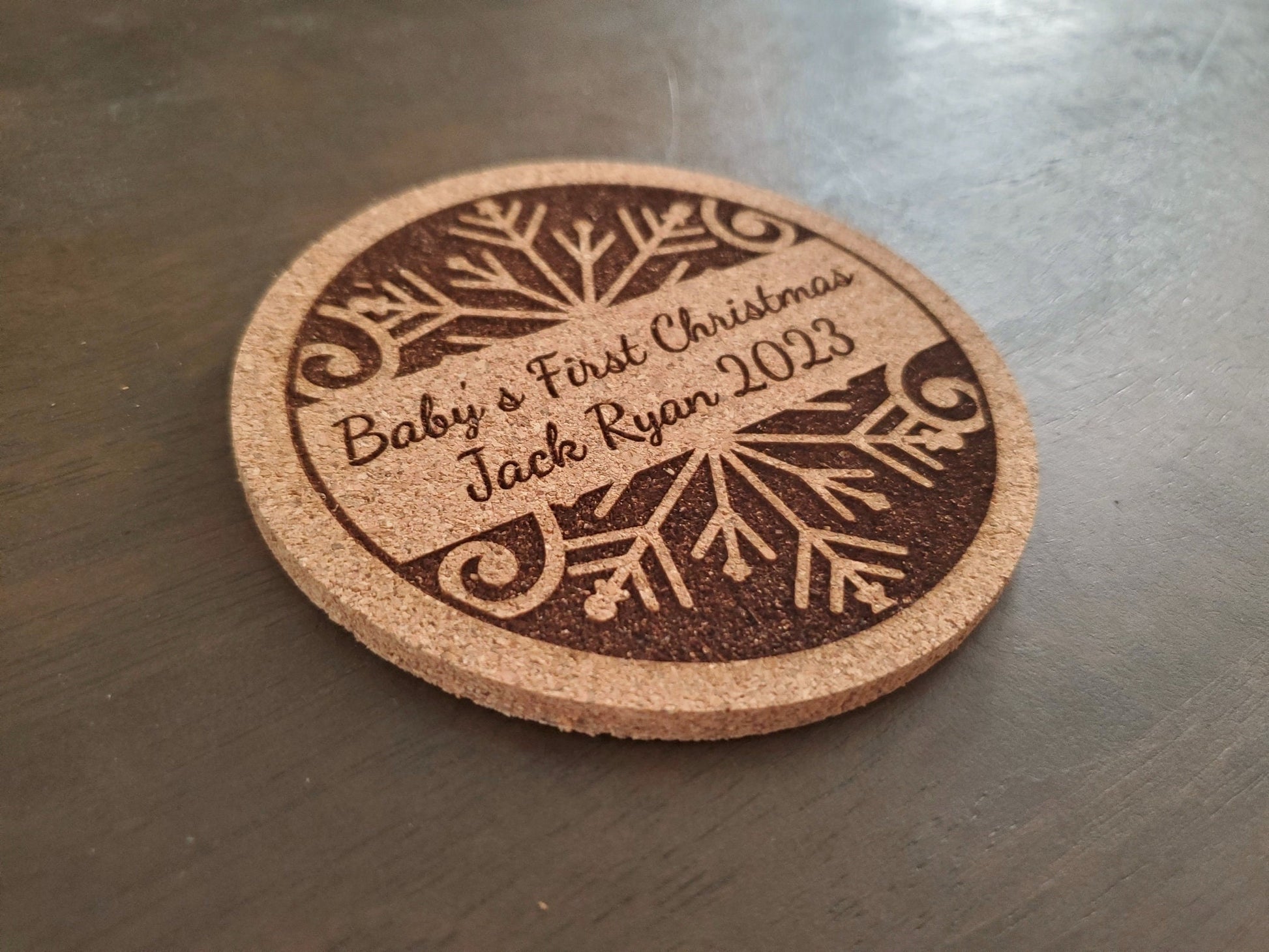 Personalized Christmas Coaster, Custom Engraved Cork Coaster, Baby's First Christmas, Your Text Here, Custom Text, 4 Inch Round Cork Coaster