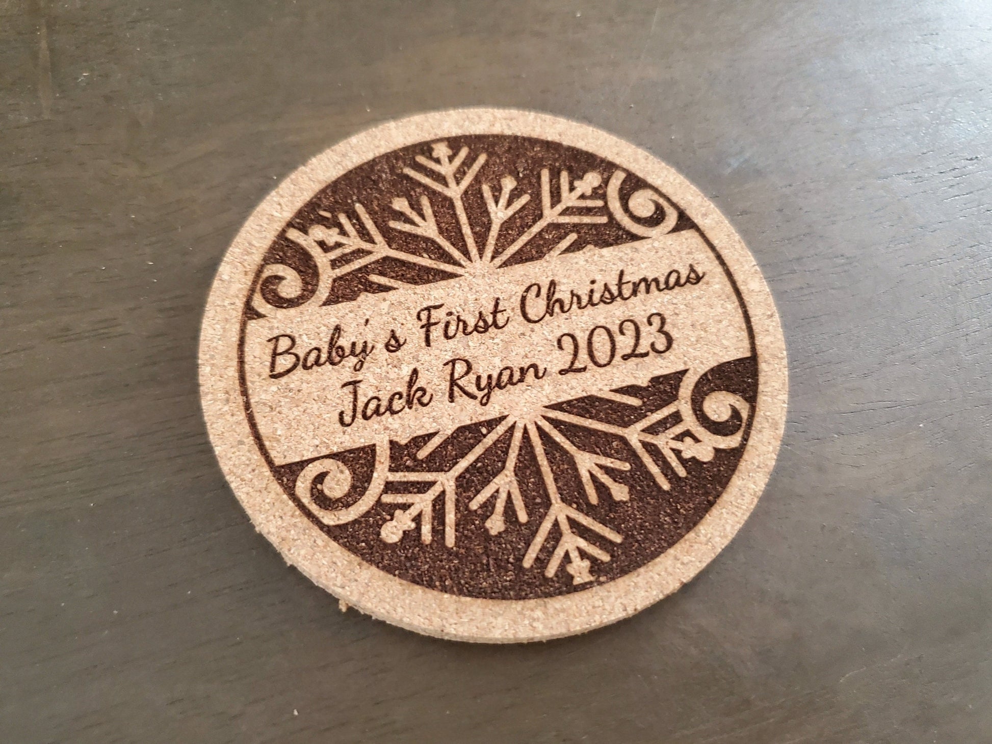 Personalized Christmas Coaster, Custom Engraved Cork Coaster, Baby's First Christmas, Your Text Here, Custom Text, 4 Inch Round Cork Coaster