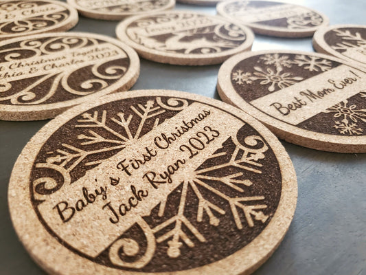 Personalized Christmas Coasters, Custom Engraved Cork Coaster, Your Choice Of 9 Designs, Your Custom Text Here, 4 Inch Round Cork Coaster