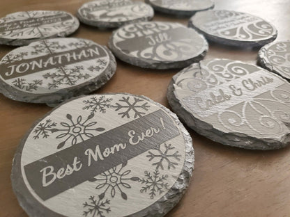 Personalized Christmas Coasters, Custom Engraved Slate Coasters, Your Choice Of 9 Designs, Your Custom Text Here, 4 Inch Round Slate Coaster