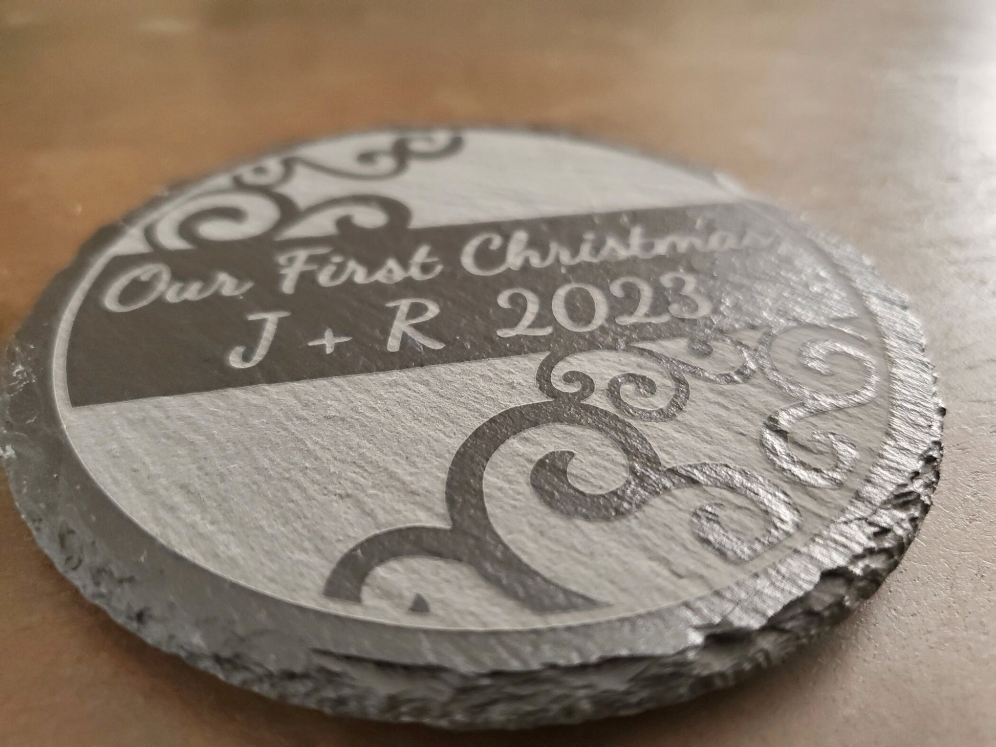 Personalized Christmas Coasters, Custom Engraved Slate Coasters, Your Choice Of 9 Designs, Your Custom Text Here, 4 Inch Round Slate Coaster