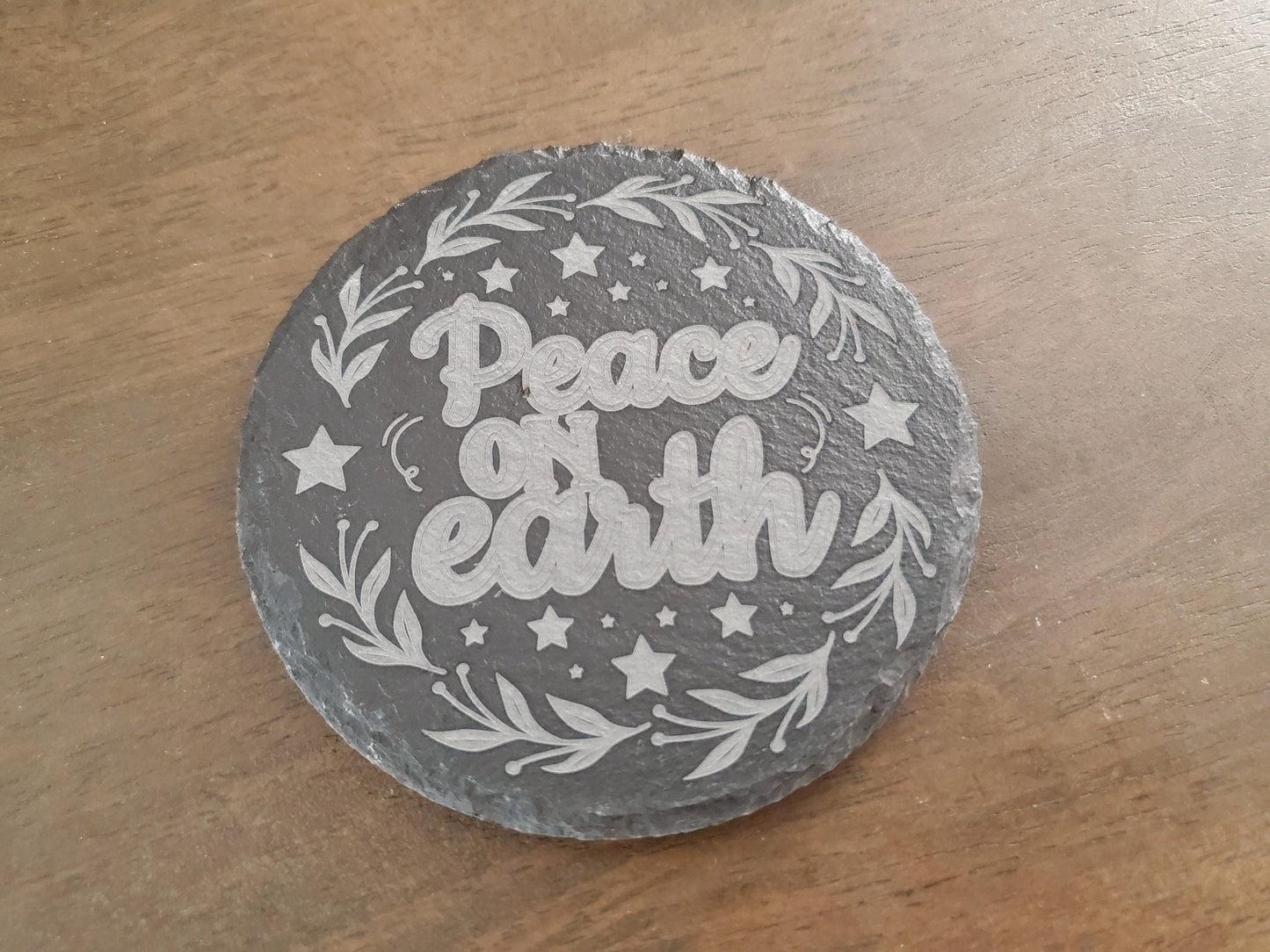 Christmas Coaster, Peace On Earth, Christian Coasters, Laser Engraved Coaster, 4 Inch Round Slate Coaster