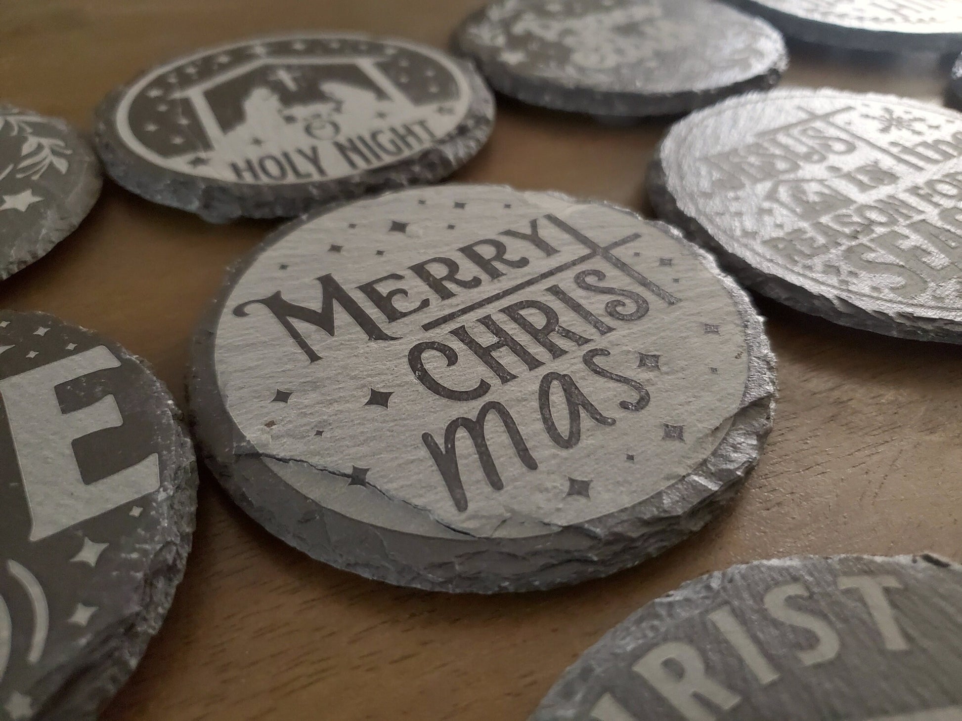 Christmas Coasters, Your Choice Of 15 Christian Coaster Designs, Laser Engraved Coaster, 4 Inch Round Slate Coaster