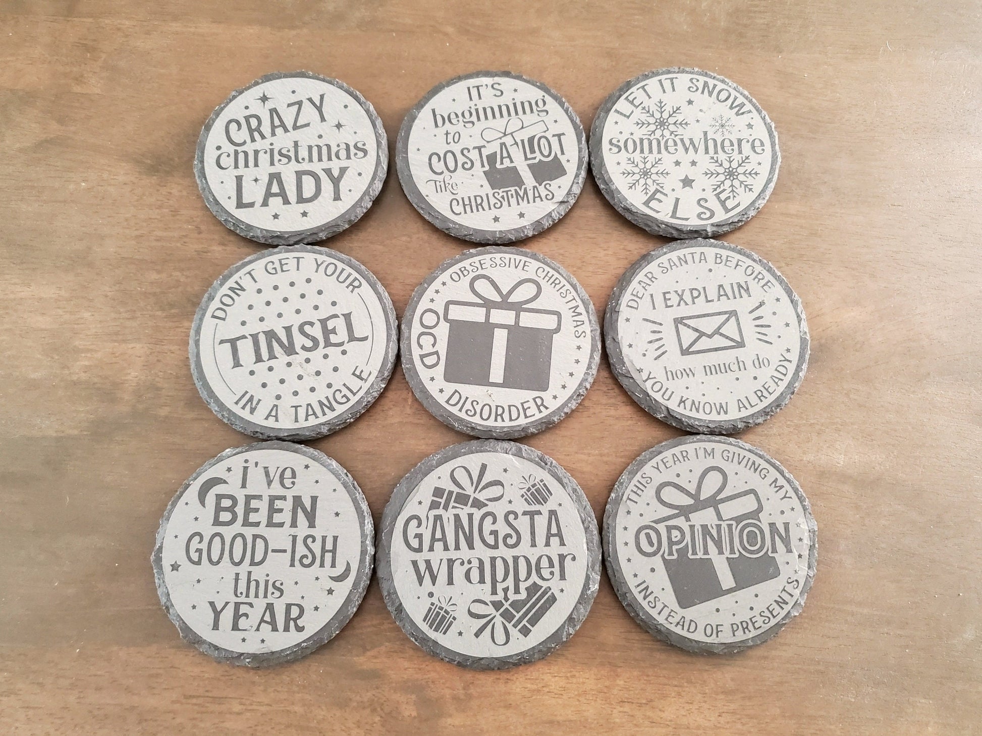 Funny Christmas Coasters, Your Choice Of 9 Different Hilarious Xmas Coaster Designs, Engraved Slate Coaster, 4 Inch Round Slate Coaster