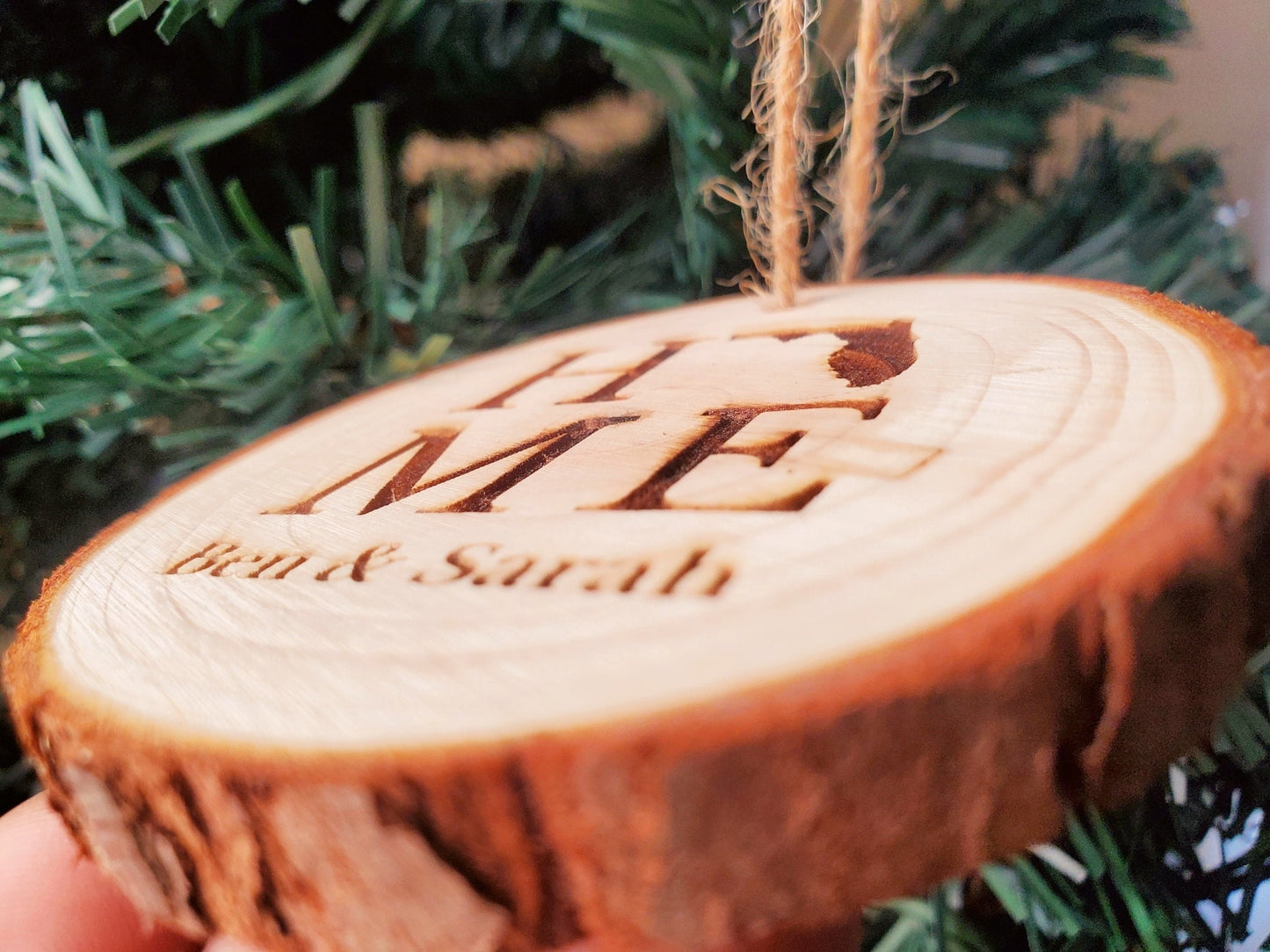 Personalized Christmas Ornaments, Natural Wood Slice Xmas Ornament, Tree Branch Cut, Custom Laser Engraved HOME State Christmas Ornament