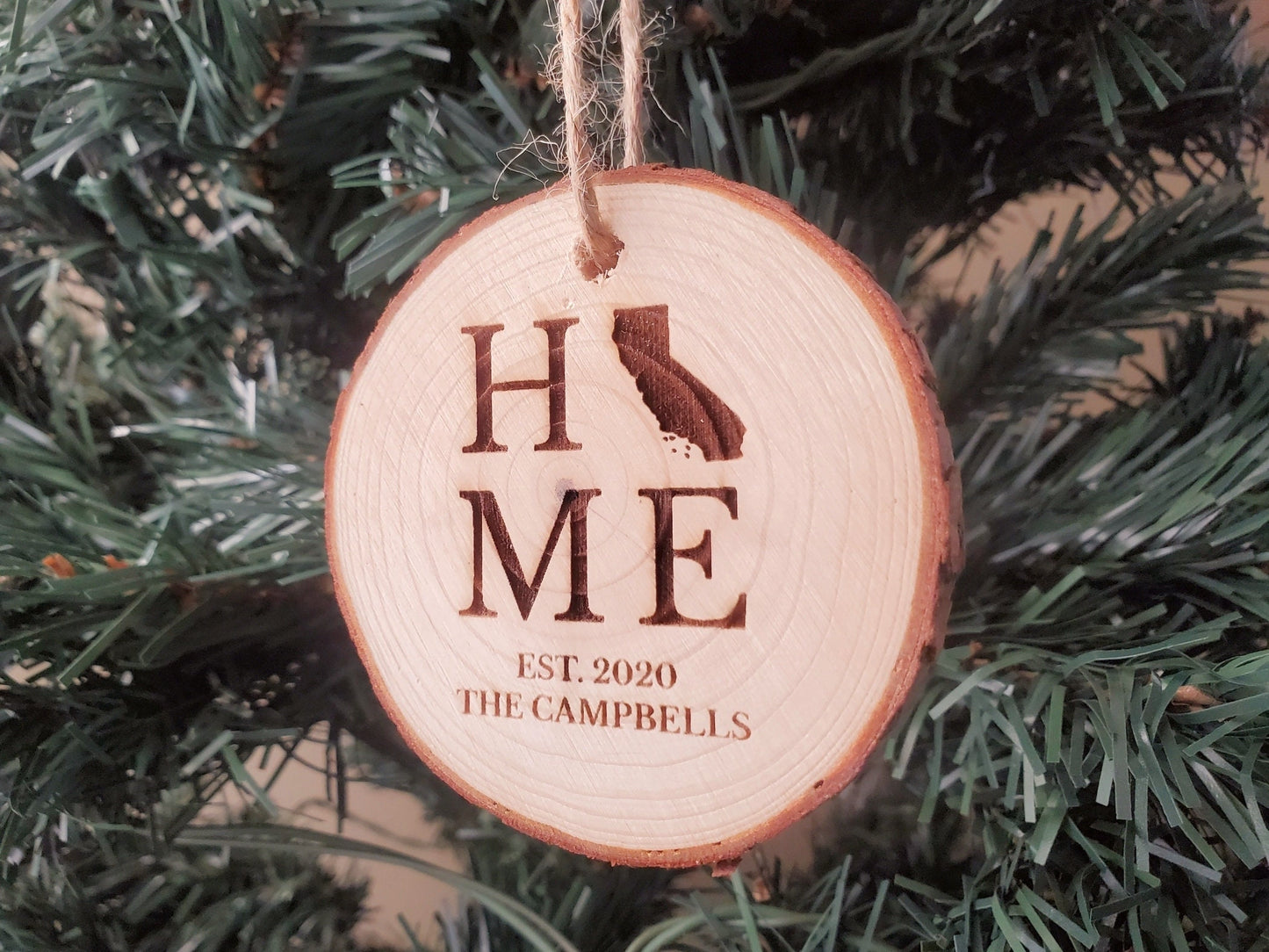 Personalized Christmas Ornaments, Natural Wood Slice Xmas Ornament, Tree Branch Cut, Custom Laser Engraved HOME State Christmas Ornament