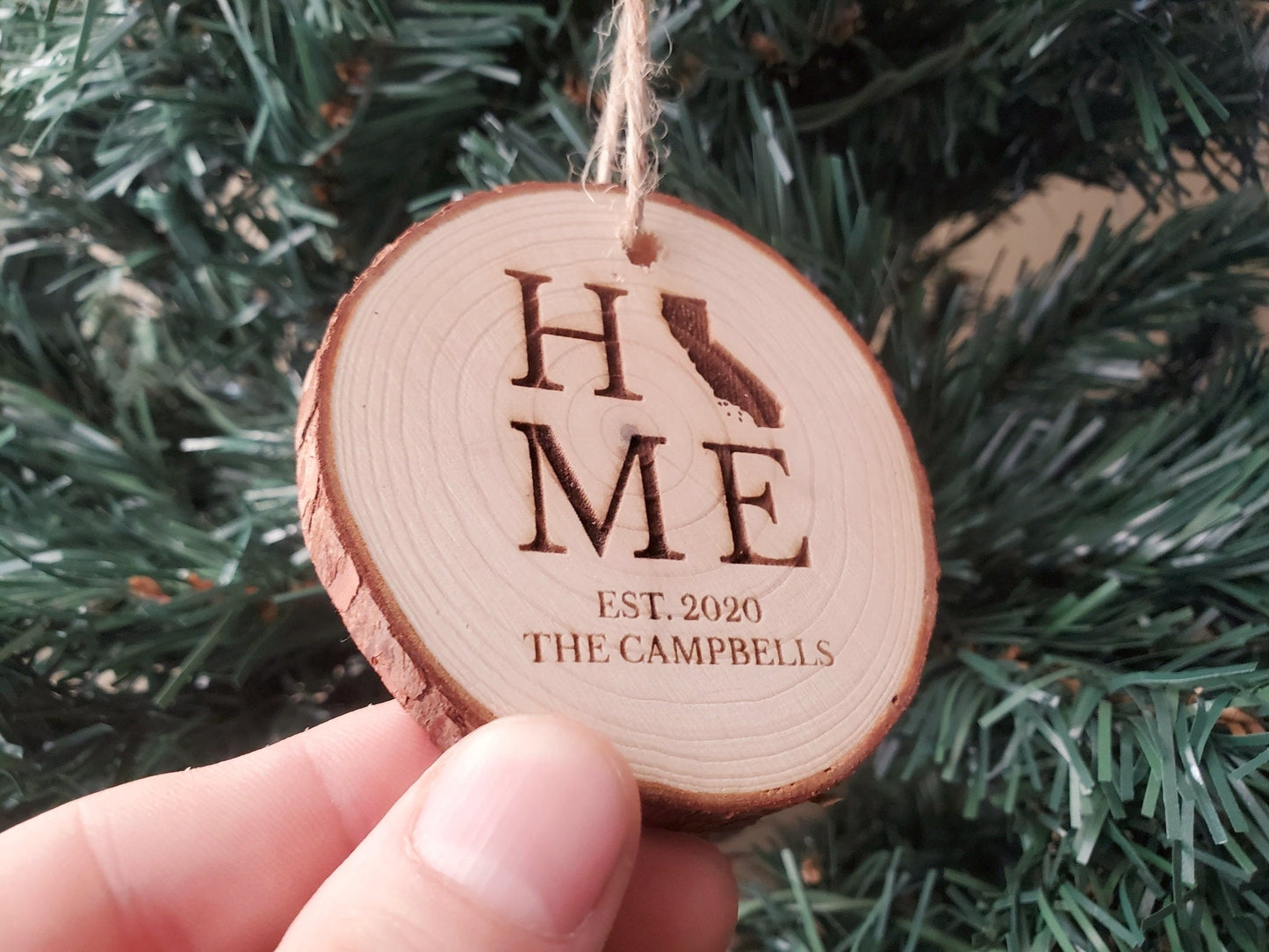 Personalized Christmas Ornaments, Natural Wood Slice Xmas Ornament, Tree Branch Cut, Custom Laser Engraved HOME State Christmas Ornament