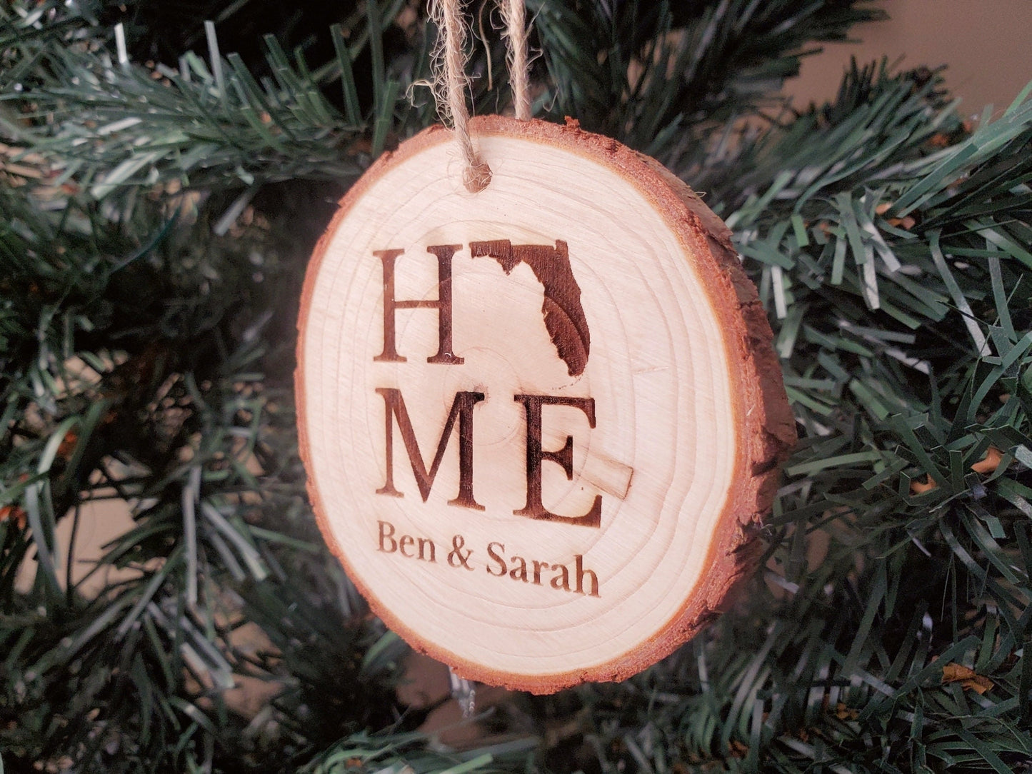 Personalized Christmas Ornaments, Natural Wood Slice Xmas Ornament, Tree Branch Cut, Custom Laser Engraved HOME State Christmas Ornament