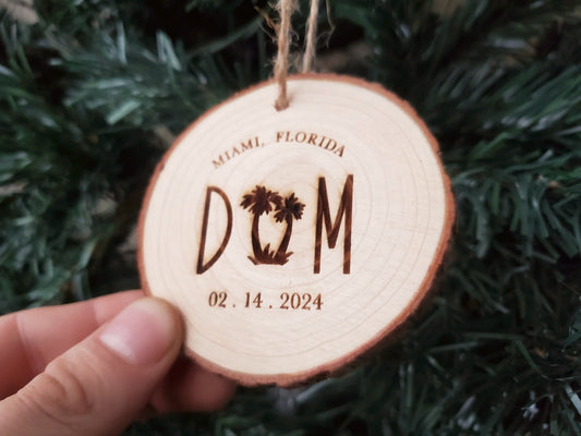 Personalized Christmas Ornaments, Natural Wood Slice Xmas Ornament, Tree Branch Cut, Married Couple Initials & Text, Laser Engraved Ornament