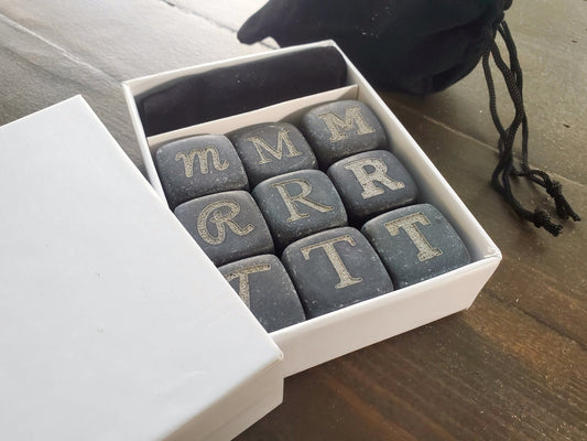 Set of 9 Engraved Whiskey Stones With Velvet Pouch, Choose A Letter & Font, Laser Engraved Basalt Stone (Volcanic Rock), Best Gift For Him