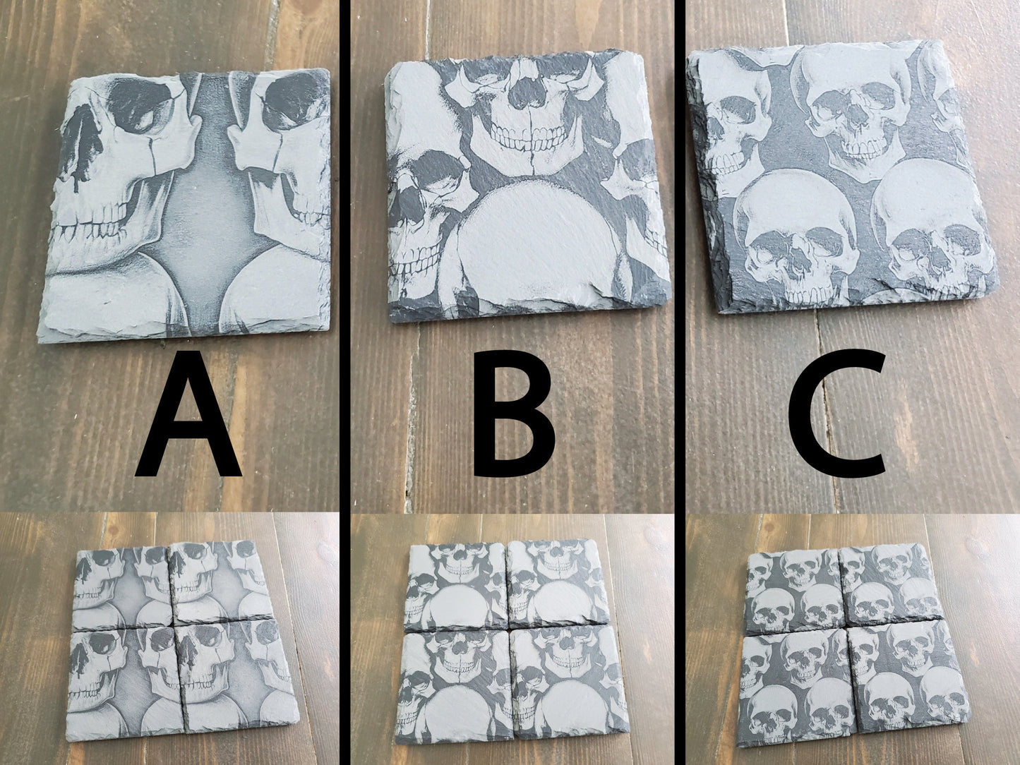 Engraved Smiling Skulls Slate Coasters, Repeating Design, Home Bar Coasters, Badass Gifts For Him Or For Her, BAMF Gifts, Skulls Coasters