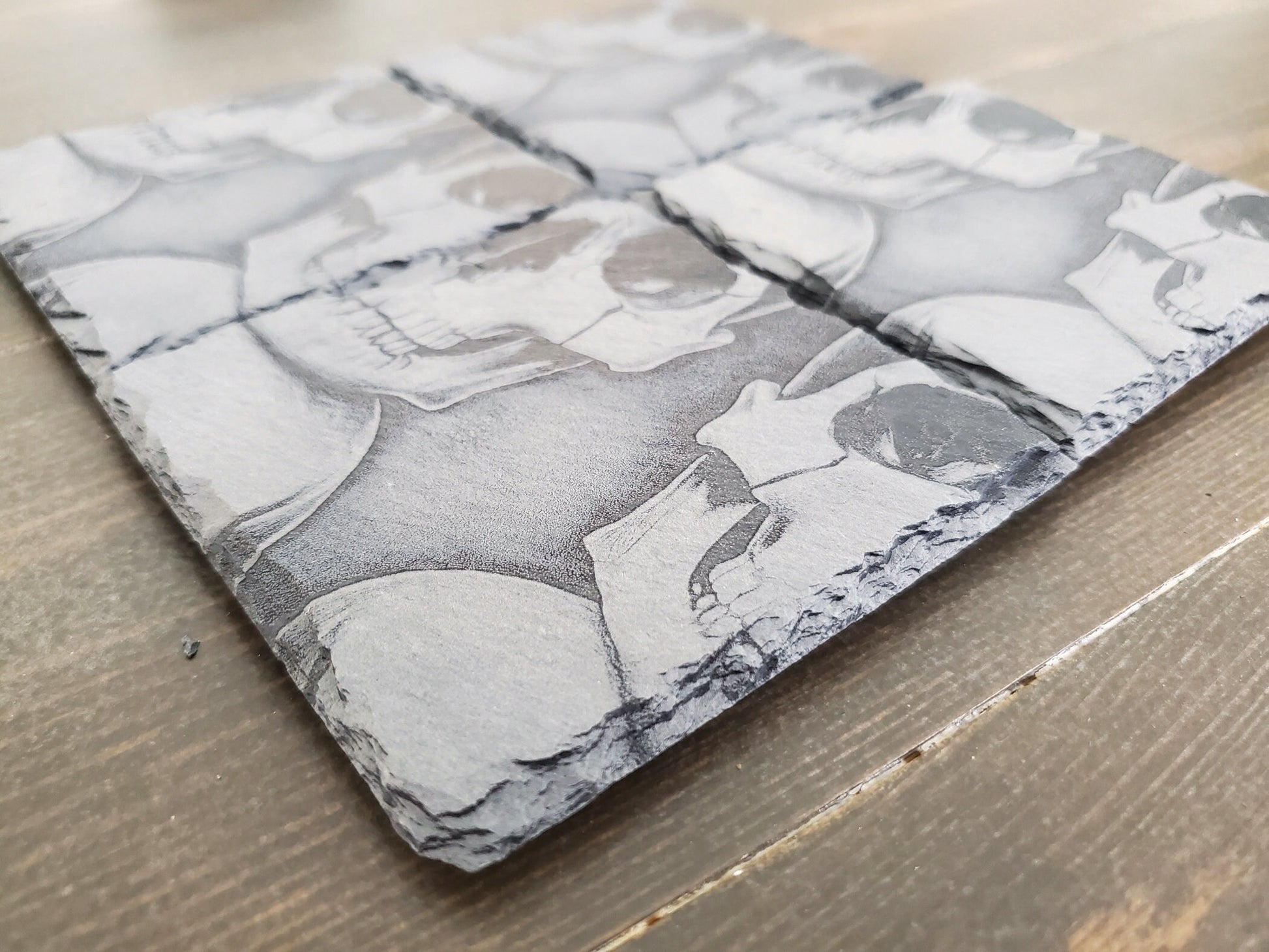 Engraved Skulls Slate Coasters, Repeating Design, Home Bar Coasters, Badass Gift, Gifts For Him, Smiling Skulls Stone Coasters