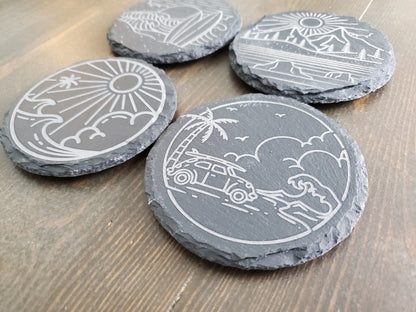 Beach Vibe Coasters, Monoline, Sunshine, Waves, Ocean, Palm Trees, Laser Engraved Round Slate Coasters, Set Of 4 With Bamboo Coaster Holder