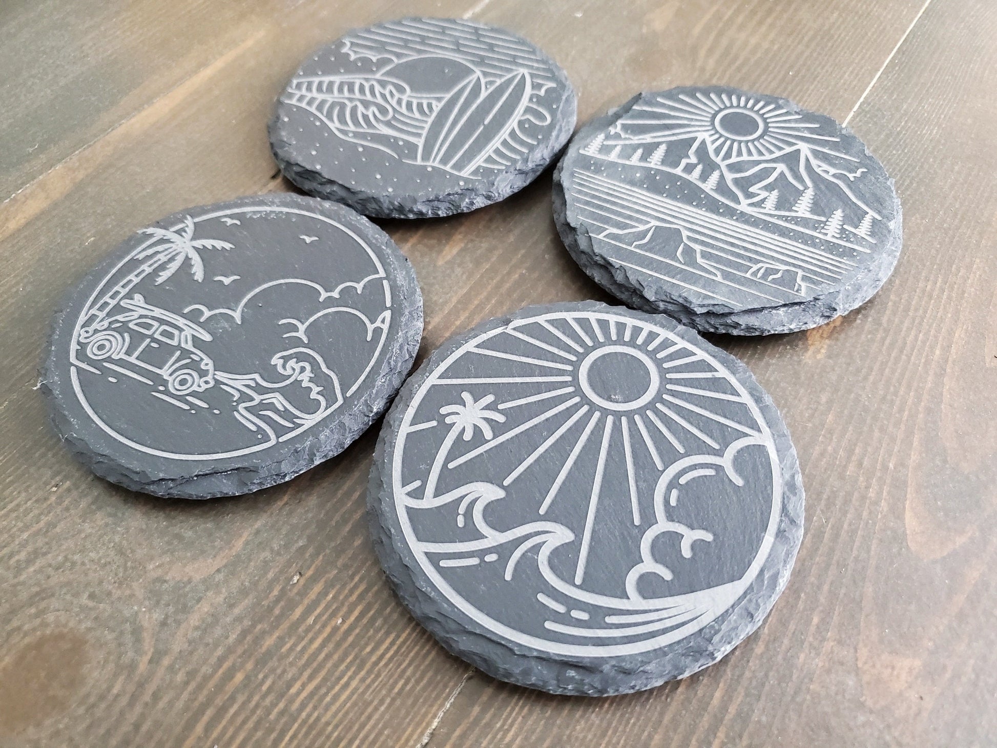 Beach Vibe Coasters, Monoline, Sunshine, Waves, Ocean, Palm Trees, Laser Engraved Round Slate Coasters, Set Of 4 With Bamboo Coaster Holder