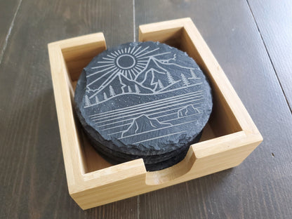 Beach Vibe Coasters, Monoline, Sunshine, Waves, Ocean, Palm Trees, Laser Engraved Round Slate Coasters, Set Of 4 With Bamboo Coaster Holder