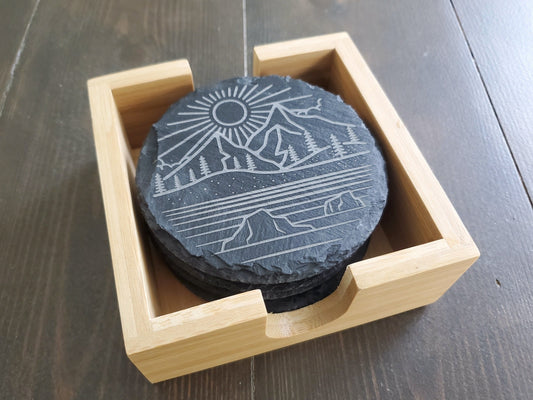 Beach Vibe Coasters, Monoline, Sunshine, Waves, Ocean, Palm Trees, Laser Engraved Round Slate Coasters, Set Of 4 With Bamboo Coaster Holder