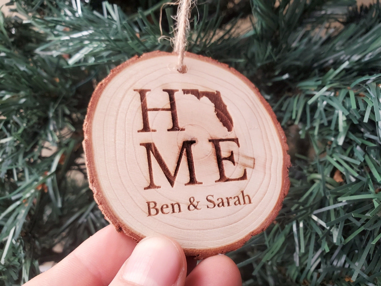 Personalized Christmas Ornaments, Natural Wood Slice Xmas Ornament, Tree Branch Cut, Custom Laser Engraved HOME State Christmas Ornament